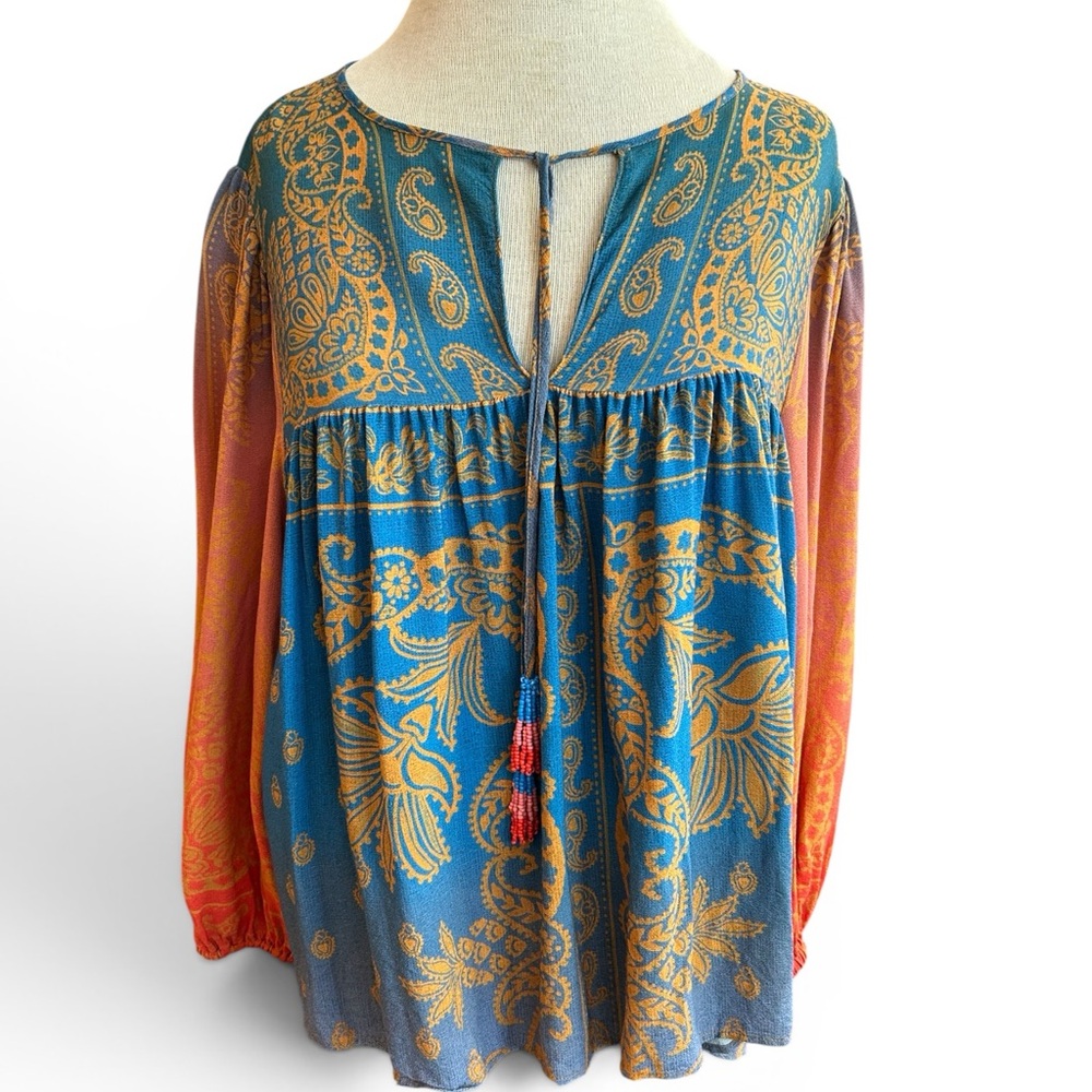 FARM Rio Blue and Orange Paisley Tie-Front Peasant Blouse M Puff Sleeves Boho